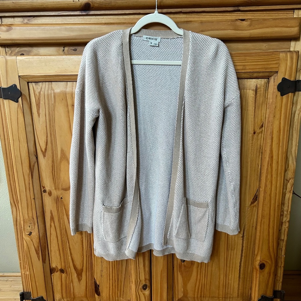 Orvis Cardigan Cashmere Cotton Blend Lightweight Tan‎ Patch Pockets Medium